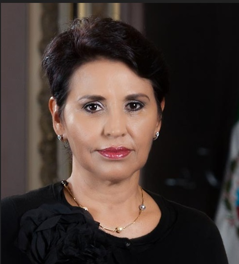 Retrato de una mujer con cabello corto oscuro y expresión profesional. Viste una blusa negra con un detalle de olán o flor en el hombro y una cadena delgada de oro. La imagen está capturada en un entorno de oficina institucional con fondo difuminado