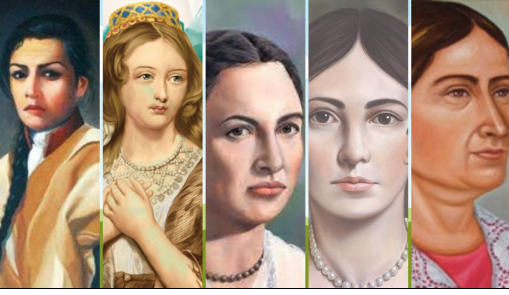 Mural o composición digital que presenta cinco retratos de mujeres históricas o emblemáticas de la cultura mexicana, dispuestas una al lado de la otra. Cada retrato tiene un estilo pictórico distinto y muestra a mujeres de diversas épocas y apariencias, como si fueran heroínas o figuras destacadas.